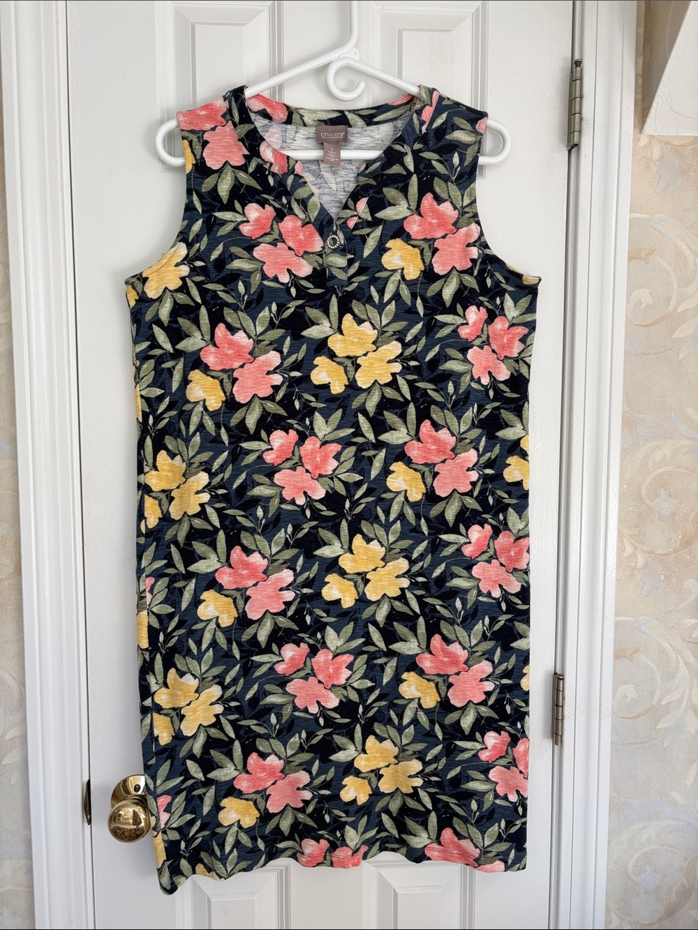 Chico's Sleeveless Floral Shift Dress in Navy with Coral & Yellow Flowers